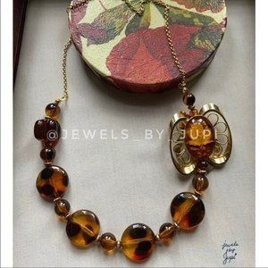 Upcycled Handmade Gold Floral Tortoise Brooch Beaded Chain Necklace